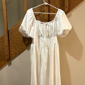 White Cottagecore Puff Sleeve Corset Midi Dress